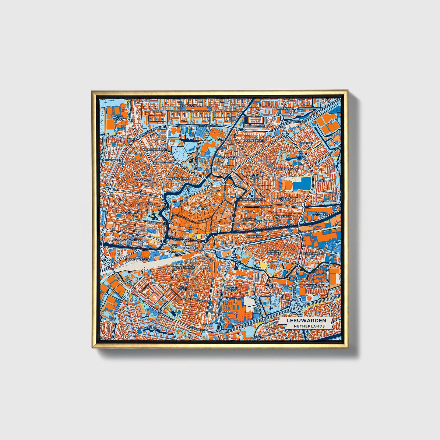 Leeuwarden Netherlands Colorful City Map Canvas Print • Gold Framed