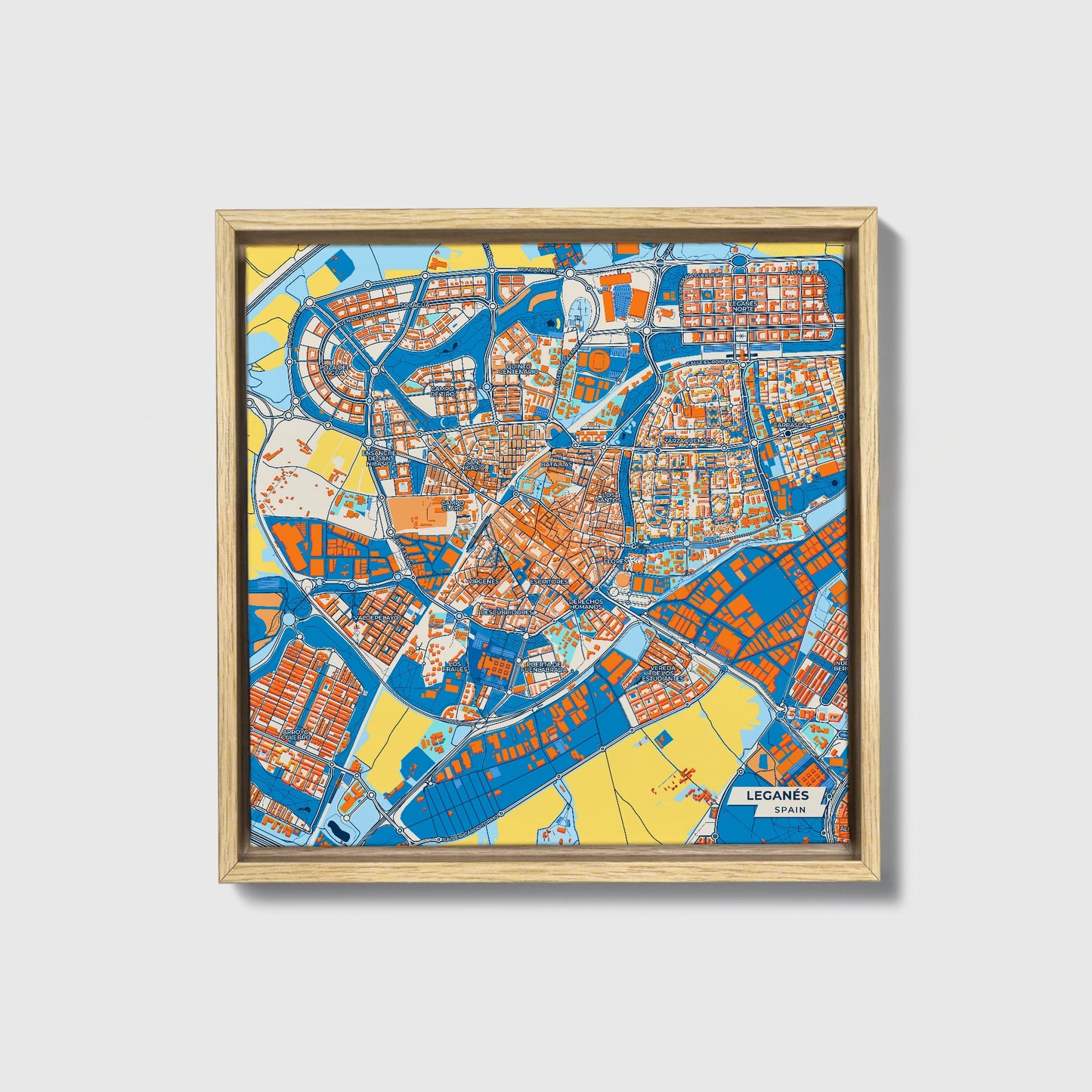 Leganés Spain Colorful City Map Canvas Print • Natural Wooden Framed