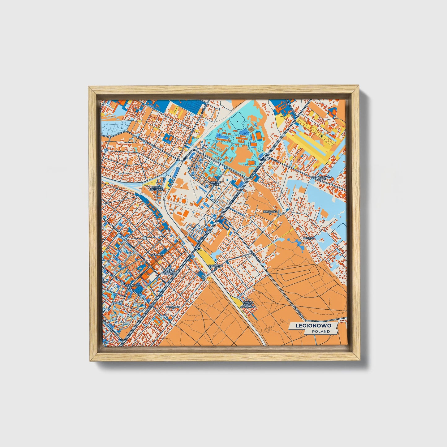 Legionowo Poland Colorful City Map Canvas Print • Natural Wooden Framed
