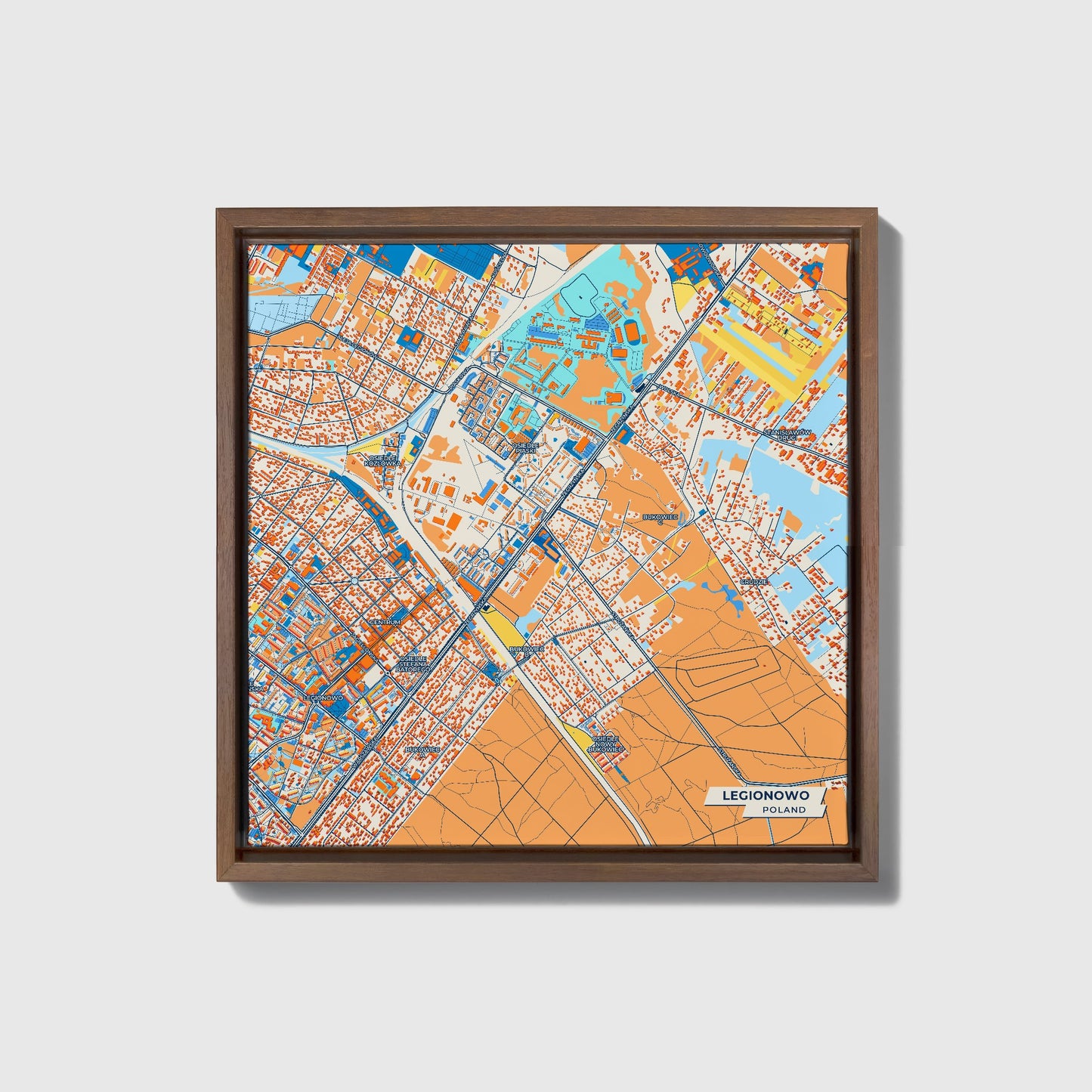 Legionowo Poland Colorful City Map Canvas Print • Dark Wooden Framed