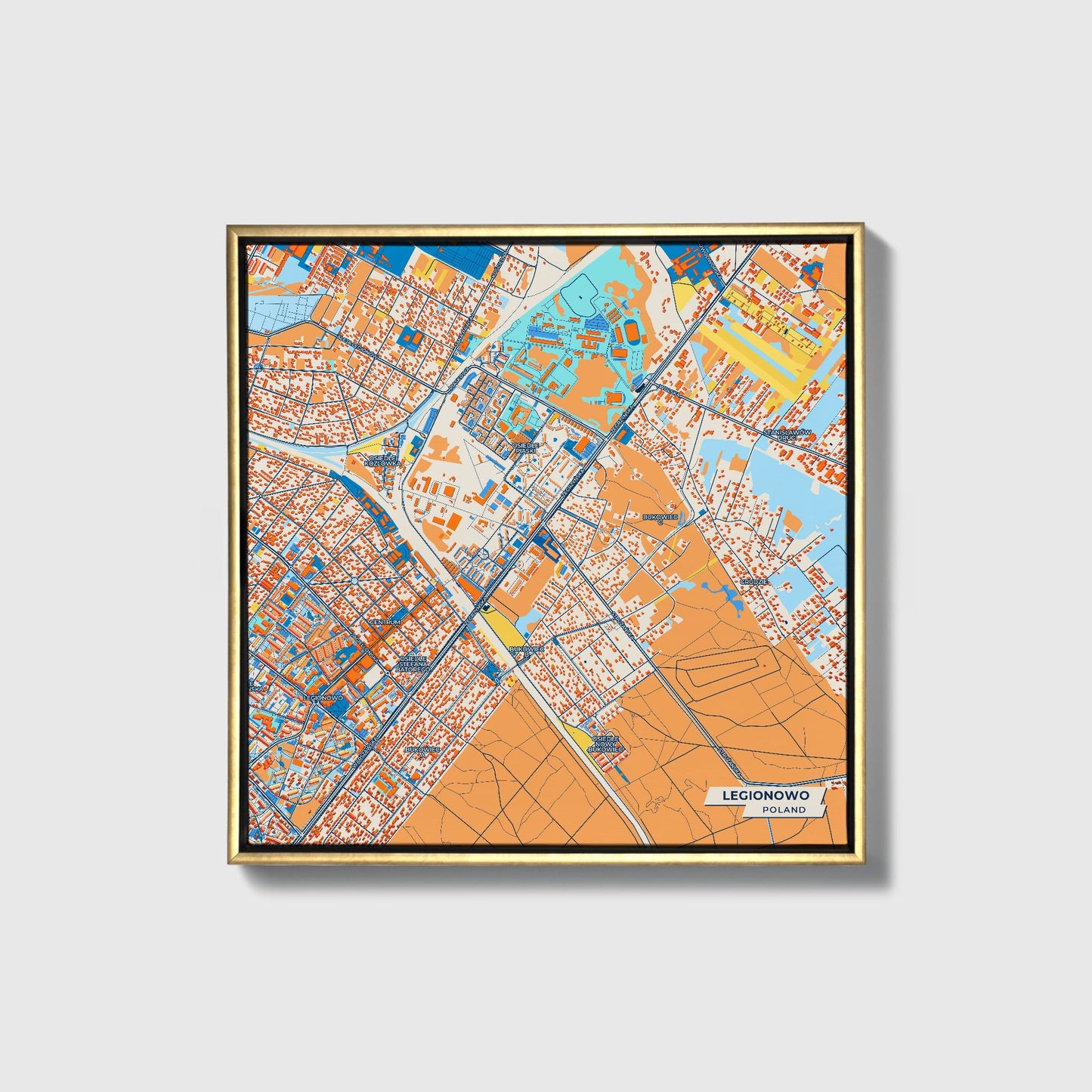 Legionowo Poland Colorful City Map Canvas Print • Gold Framed