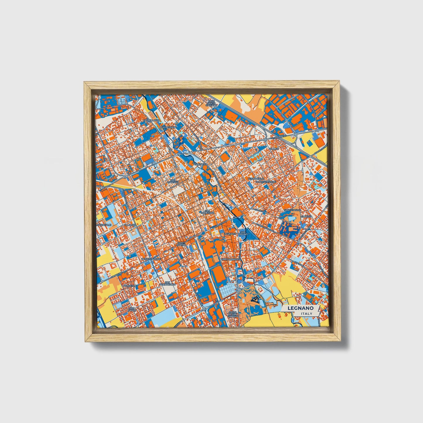 Legnano Italy Colorful City Map Canvas Print • Natural Wooden Framed