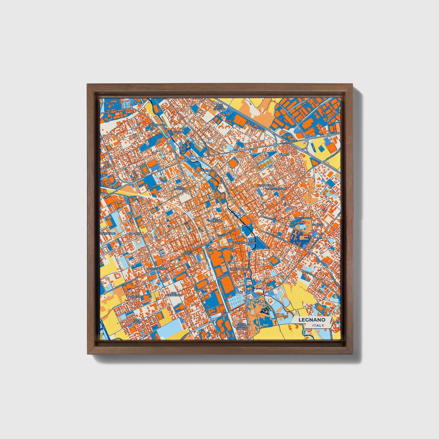 Legnano Italy Colorful City Map Canvas Print • Dark Wooden Framed
