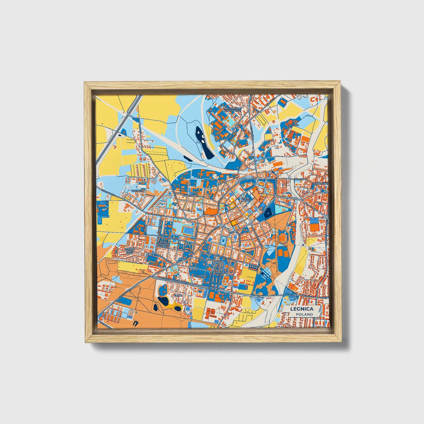 Legnica Poland Colorful City Map Canvas Print • Natural Wooden Framed