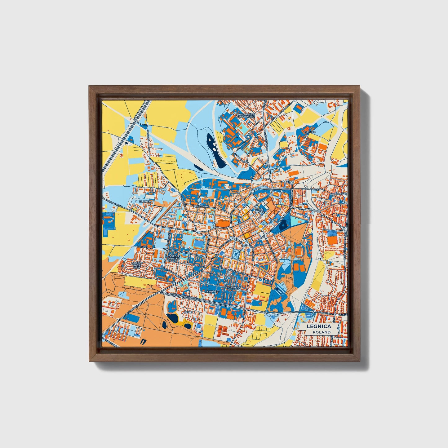 Legnica Poland Colorful City Map Canvas Print • Dark Wooden Framed