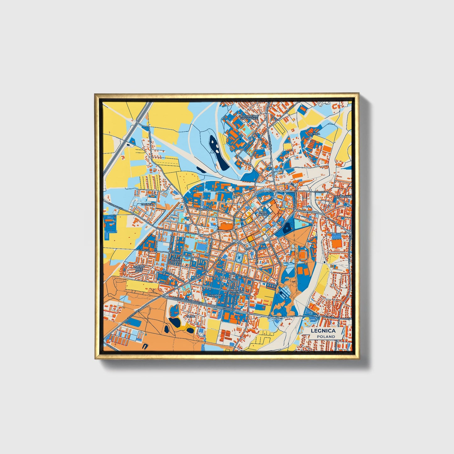 Legnica Poland Colorful City Map Canvas Print • Gold Framed