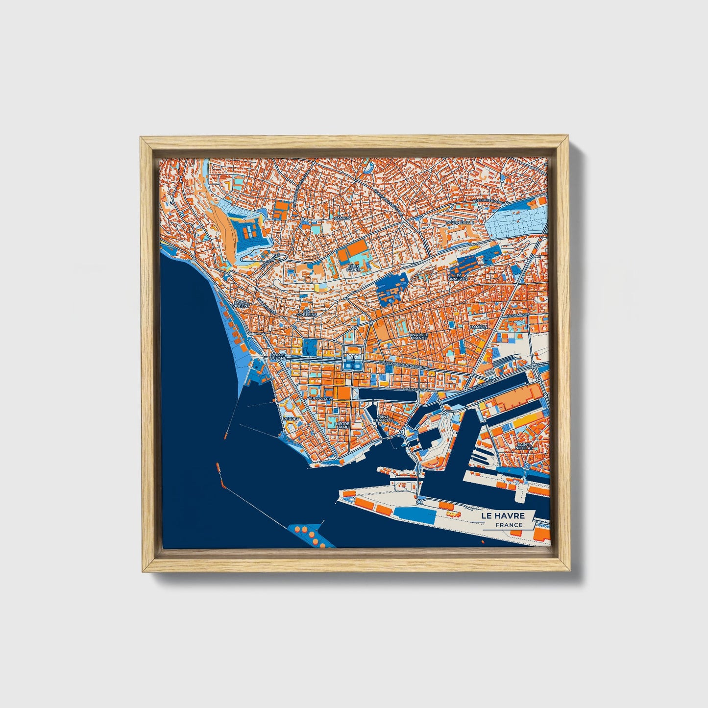 Le Havre France Colorful City Map Canvas Print • Natural Wooden Framed