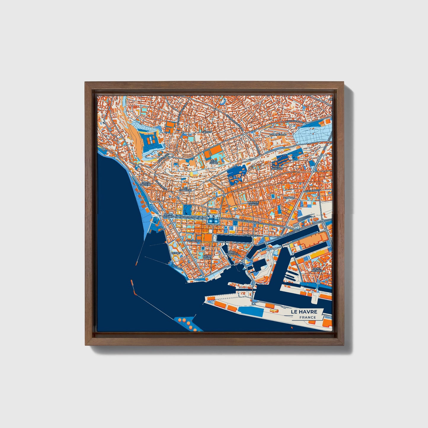 Le Havre France Colorful City Map Canvas Print • Dark Wooden Framed