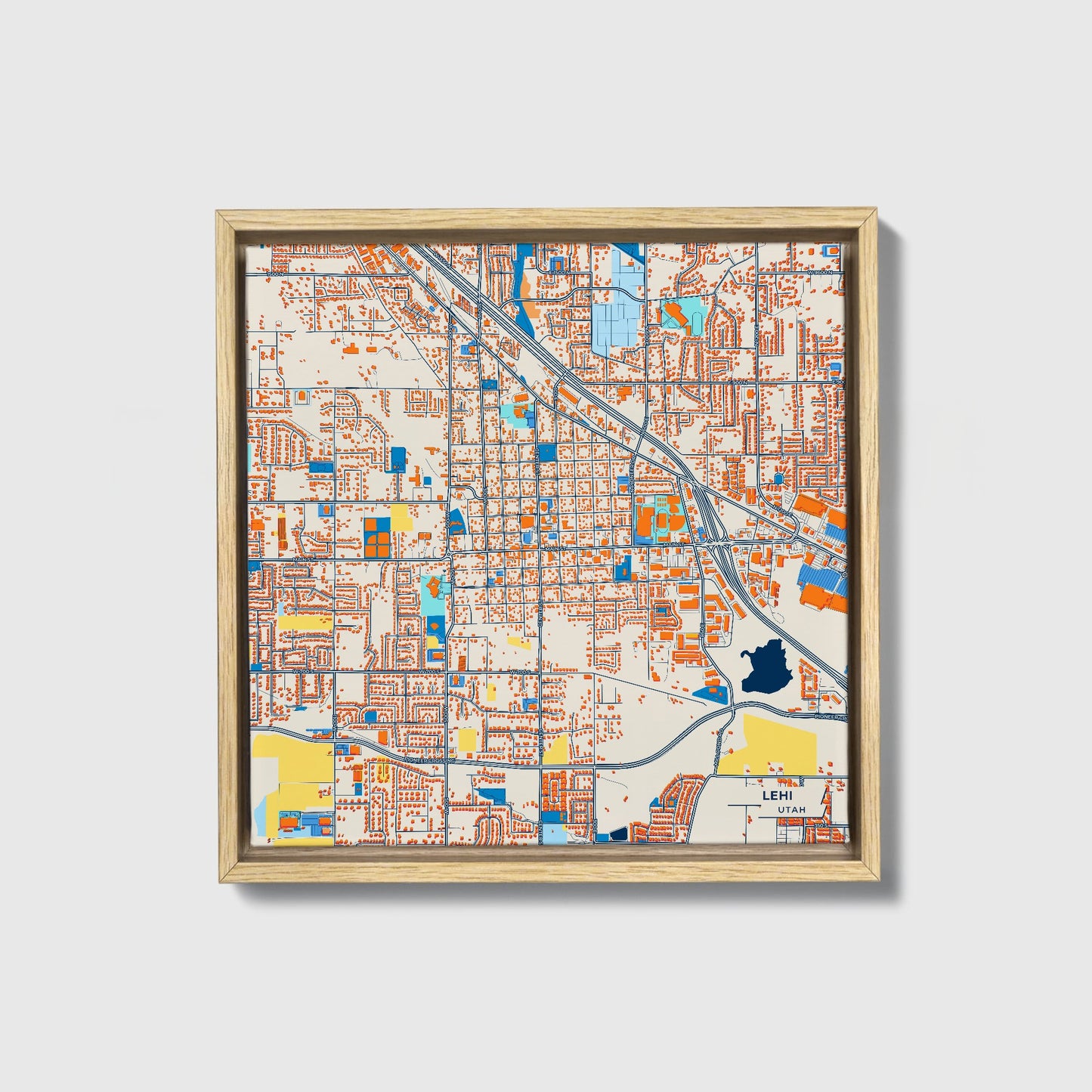Lehi Utah Colorful City Map Canvas Print • Natural Wooden Framed