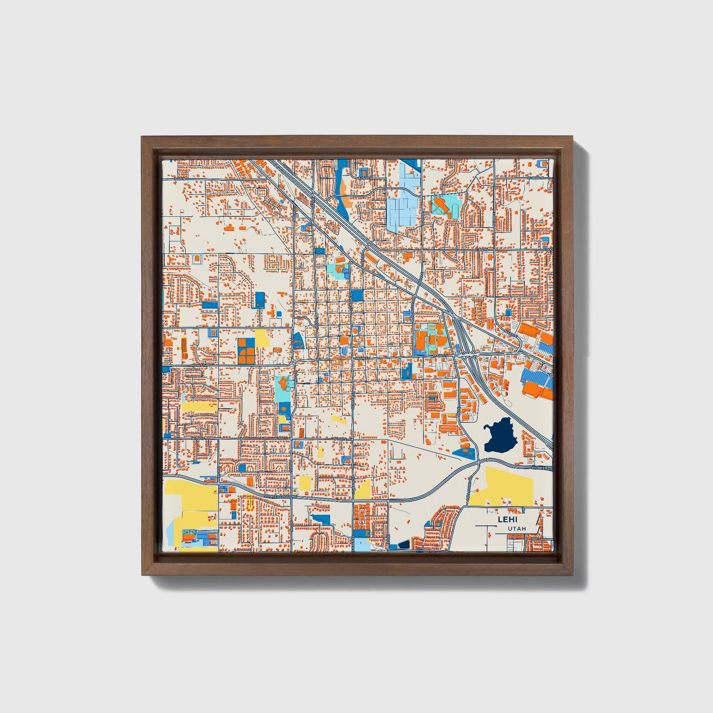Lehi Utah Colorful City Map Canvas Print • Dark Wooden Framed