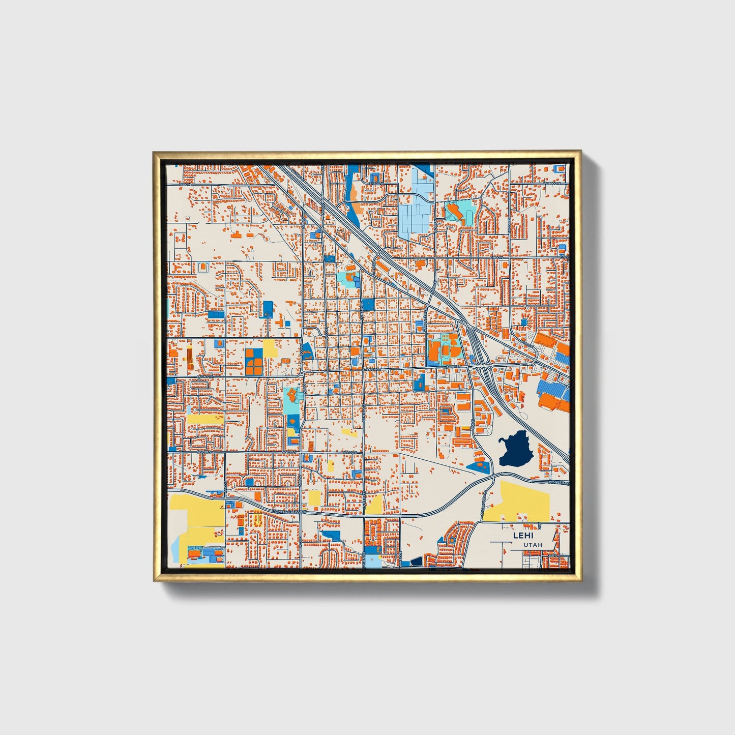 Lehi Utah Colorful City Map Canvas Print • Gold Framed