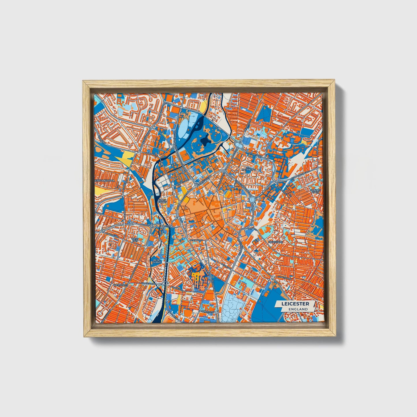 Leicester England Colorful City Map Canvas Print • Natural Wooden Framed