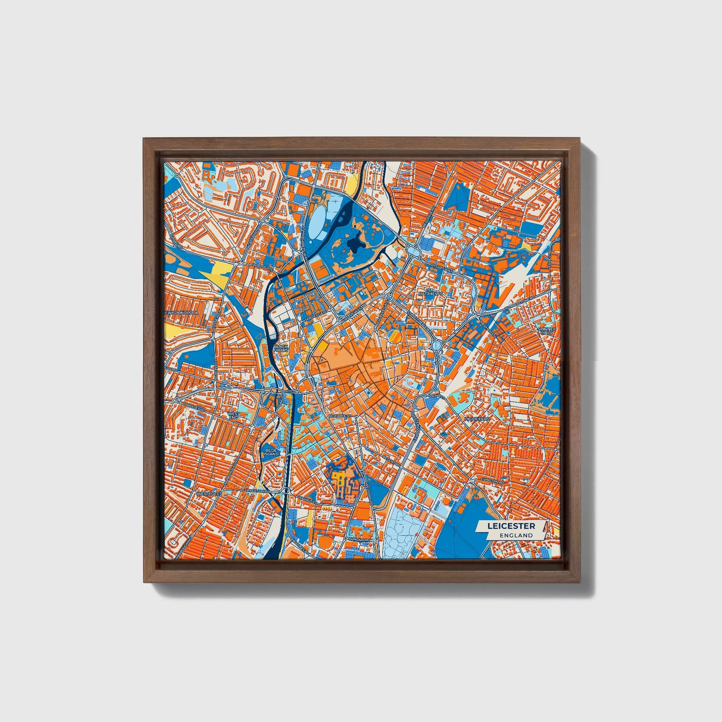 Leicester England Colorful City Map Canvas Print • Dark Wooden Framed