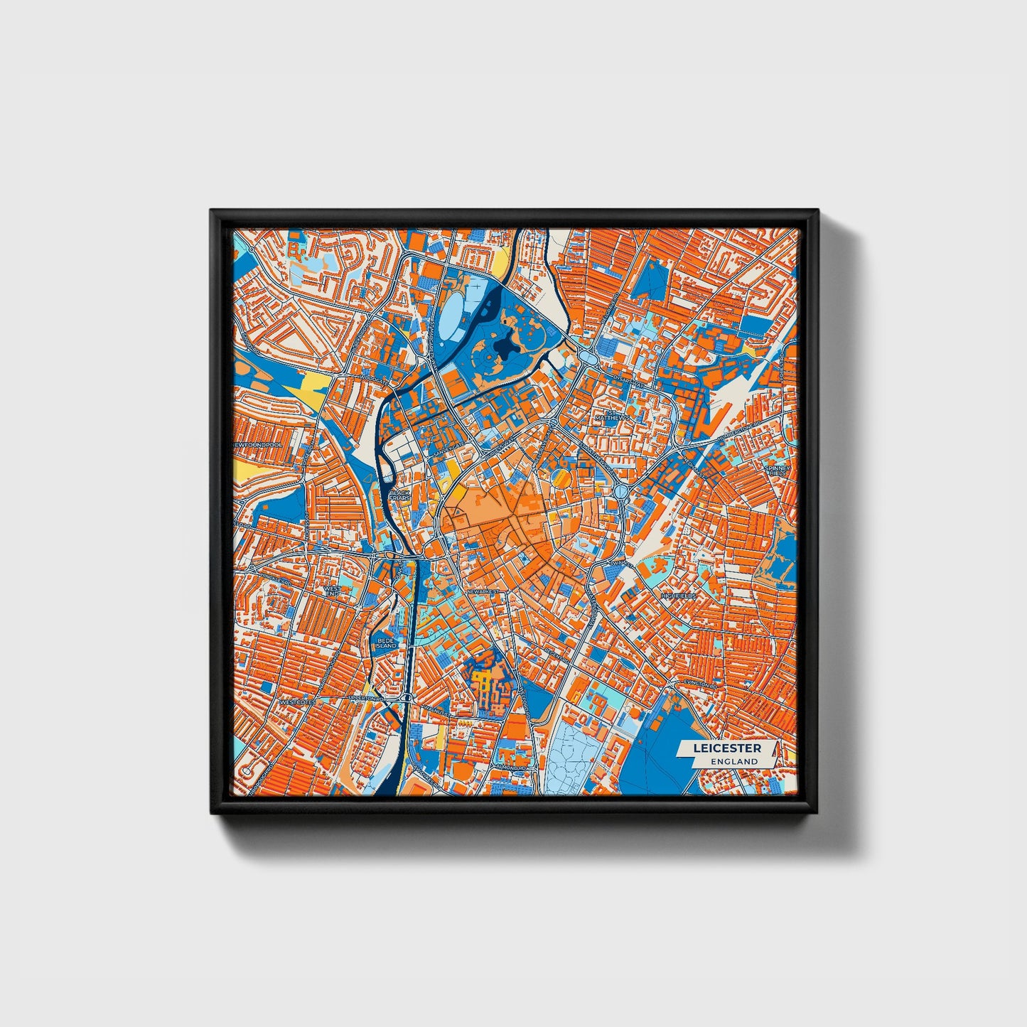Leicester England Colorful City Map Canvas Print • Black Framed