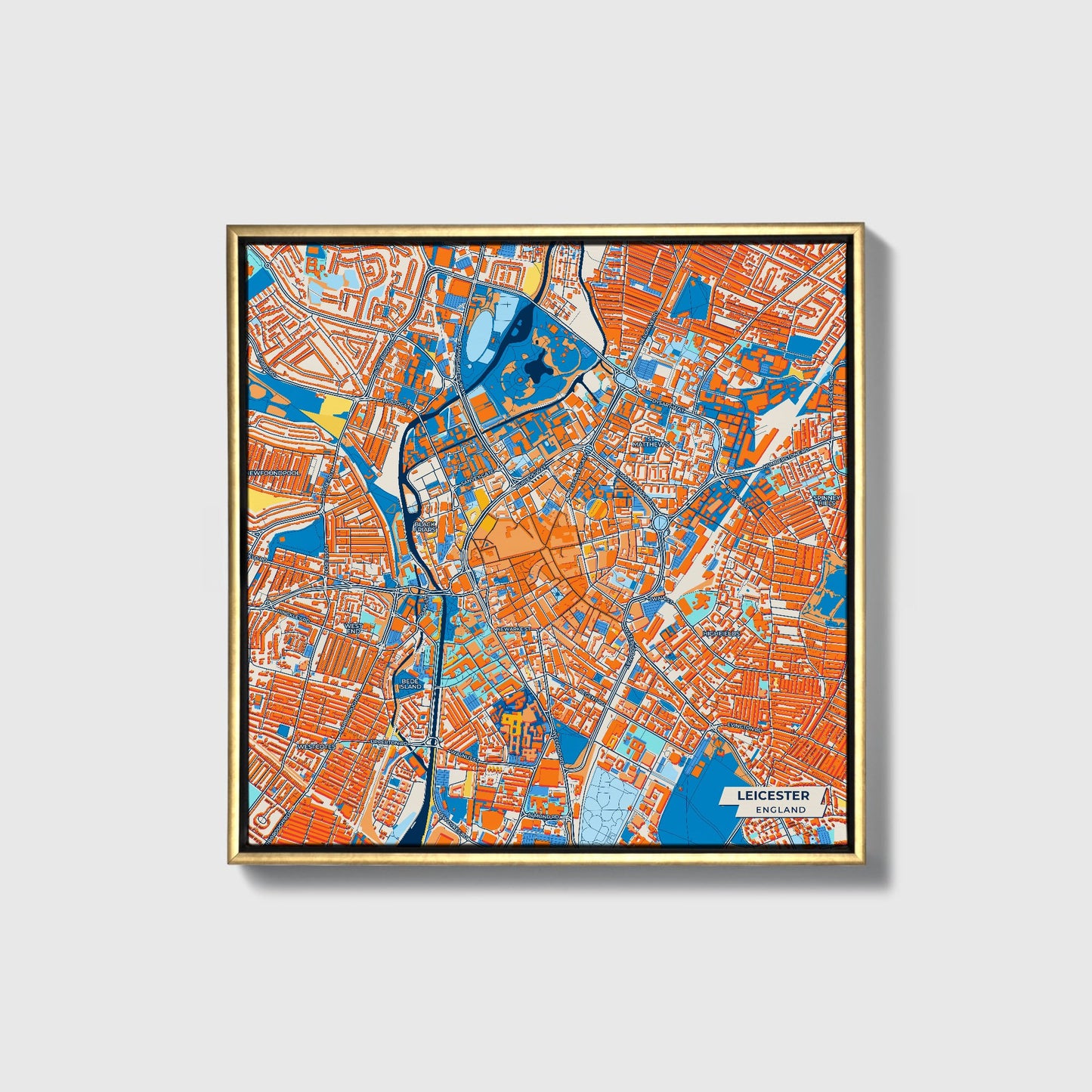 Leicester England Colorful City Map Canvas Print • Gold Framed
