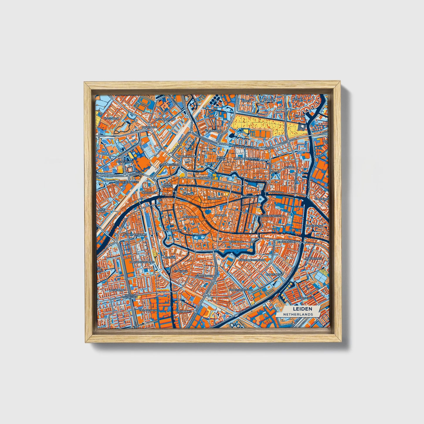 Leiden Netherlands Colorful City Map Canvas Print • Natural Wooden Framed
