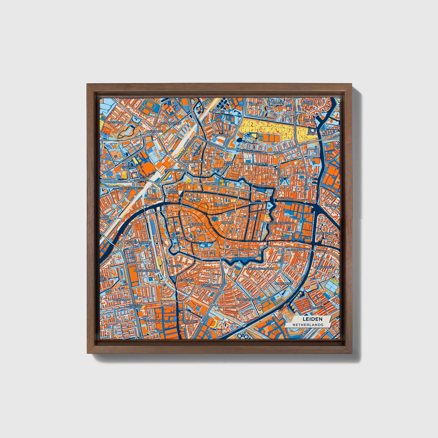 Leiden Netherlands Colorful City Map Canvas Print • Dark Wooden Framed