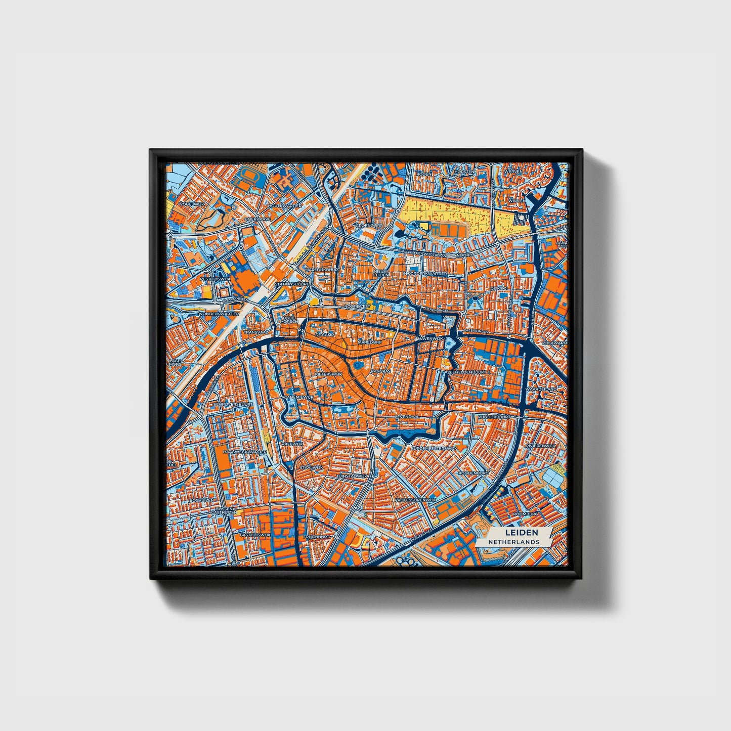 Leiden Netherlands Colorful City Map Canvas Print • Black Framed