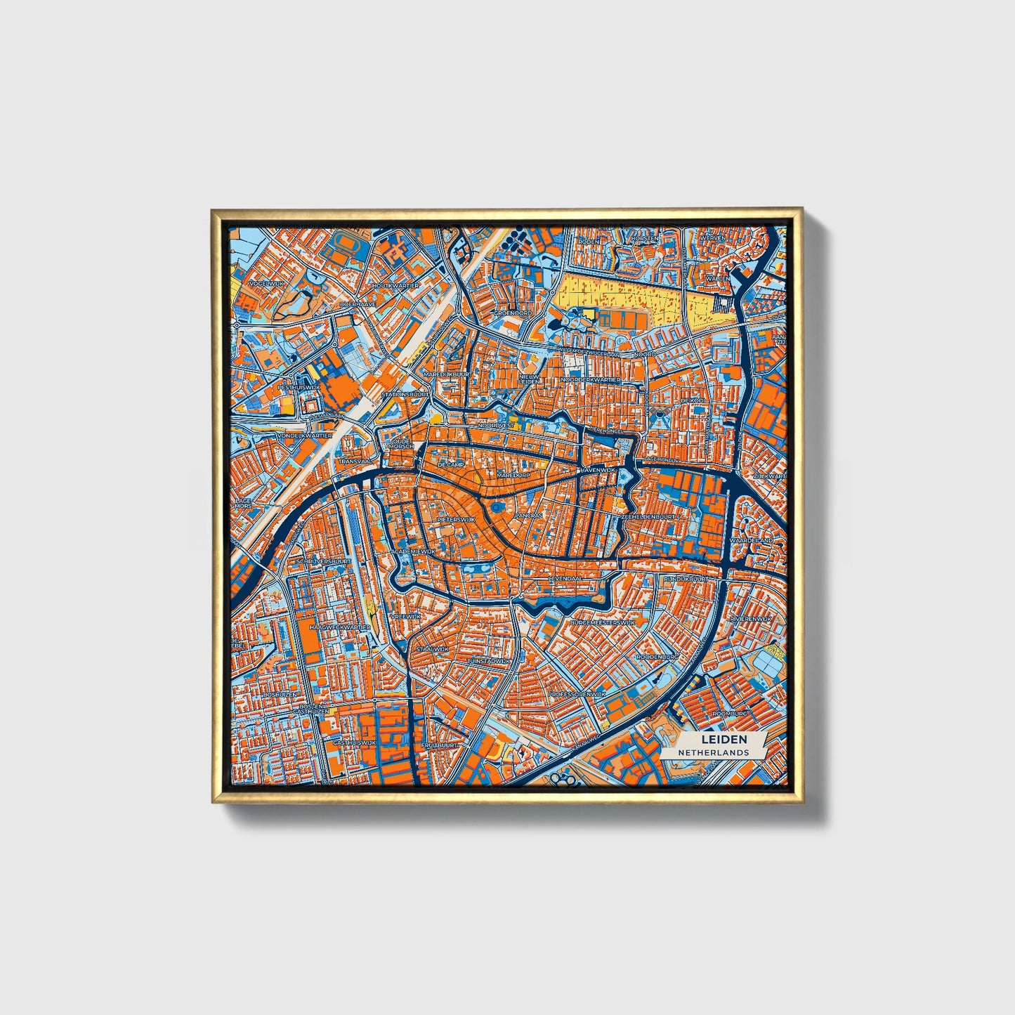 Leiden Netherlands Colorful City Map Canvas Print • Gold Framed