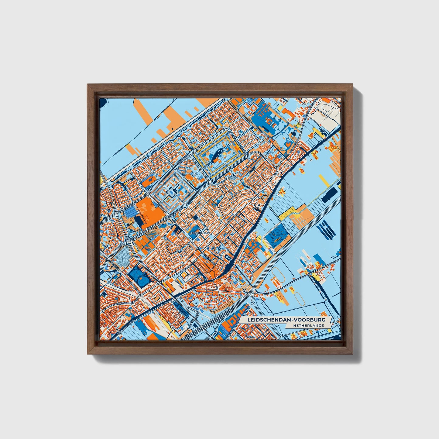 Leidschendam-Voorburg Netherlands Colorful City Map Canvas Print • Dark Wooden Framed