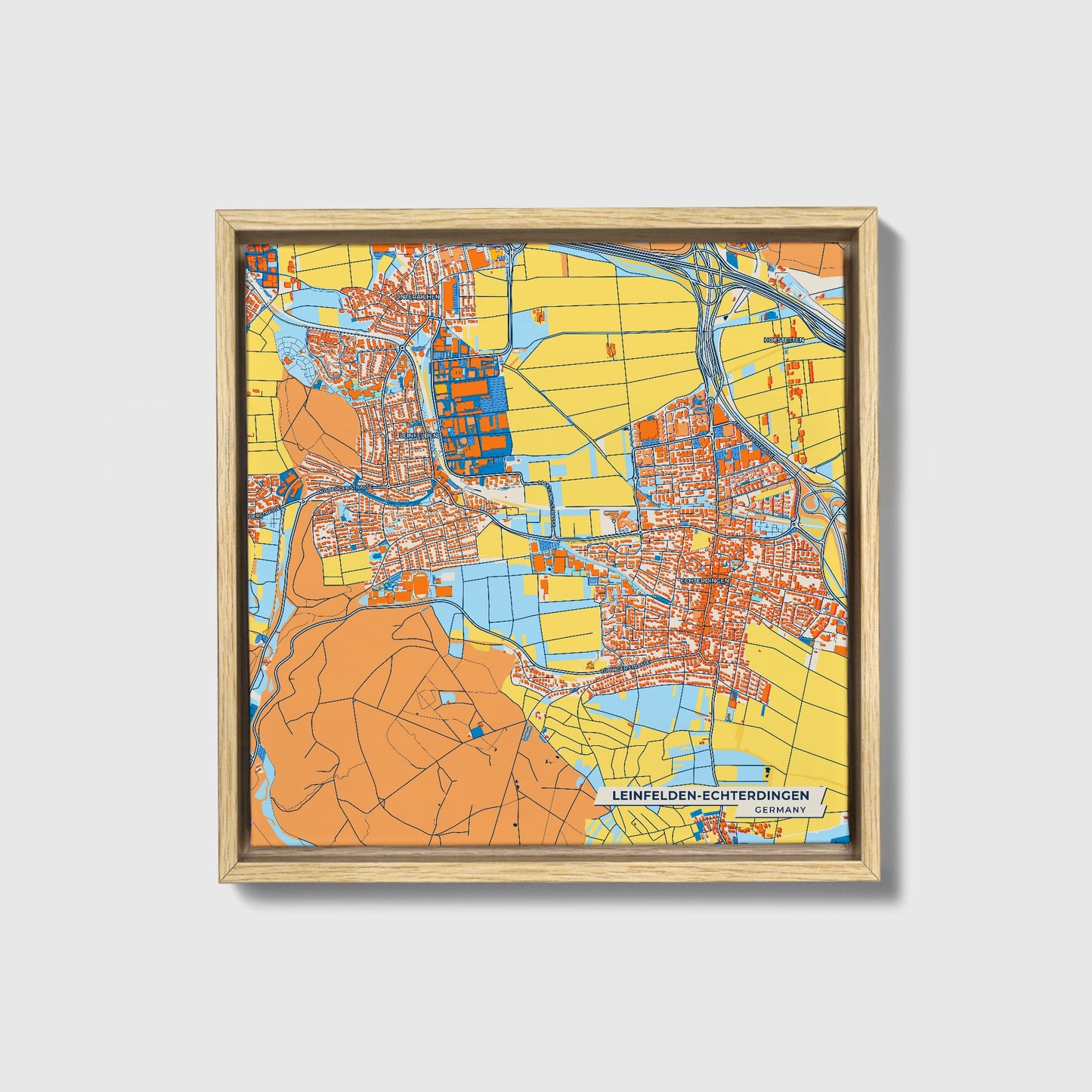 Leinfelden-Echterdingen Germany Colorful City Map Canvas Print • Natural Wooden Framed