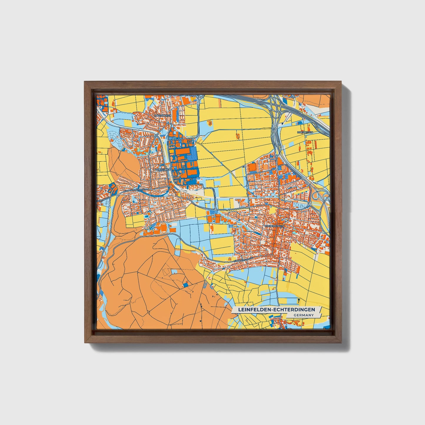 Leinfelden-Echterdingen Germany Colorful City Map Canvas Print • Dark Wooden Framed