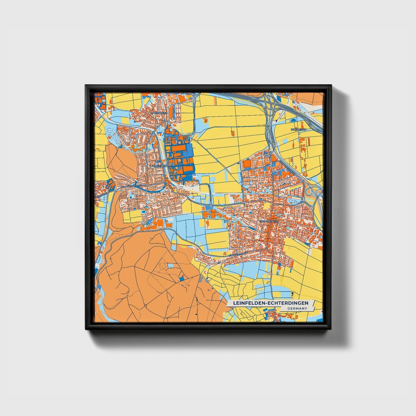Leinfelden-Echterdingen Germany Colorful City Map Canvas Print • Black Framed
