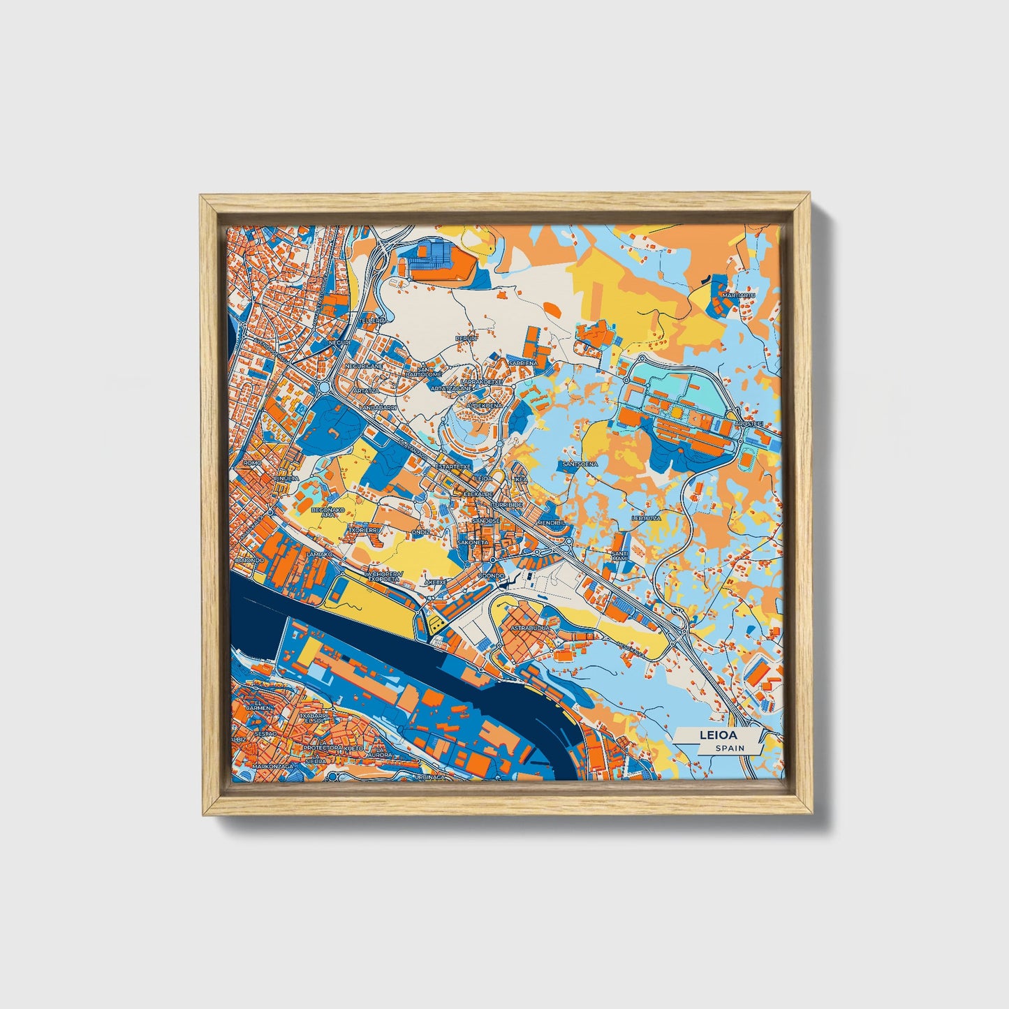 Leioa Spain Colorful City Map Canvas Print • Natural Wooden Framed