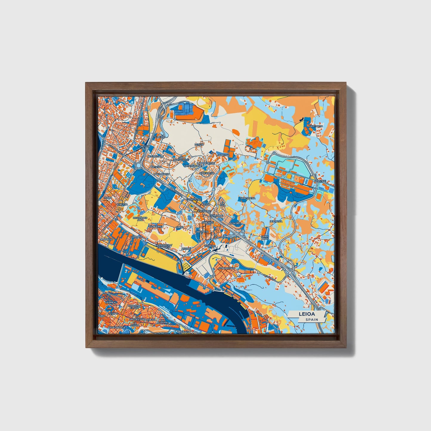 Leioa Spain Colorful City Map Canvas Print • Dark Wooden Framed