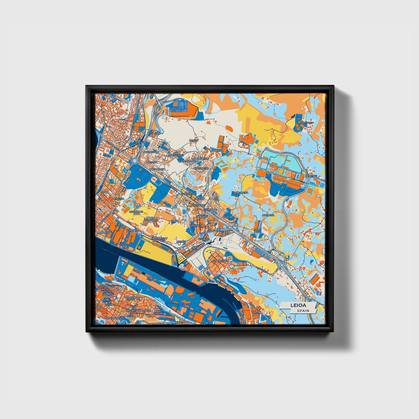Leioa Spain Colorful City Map Canvas Print • Black Framed