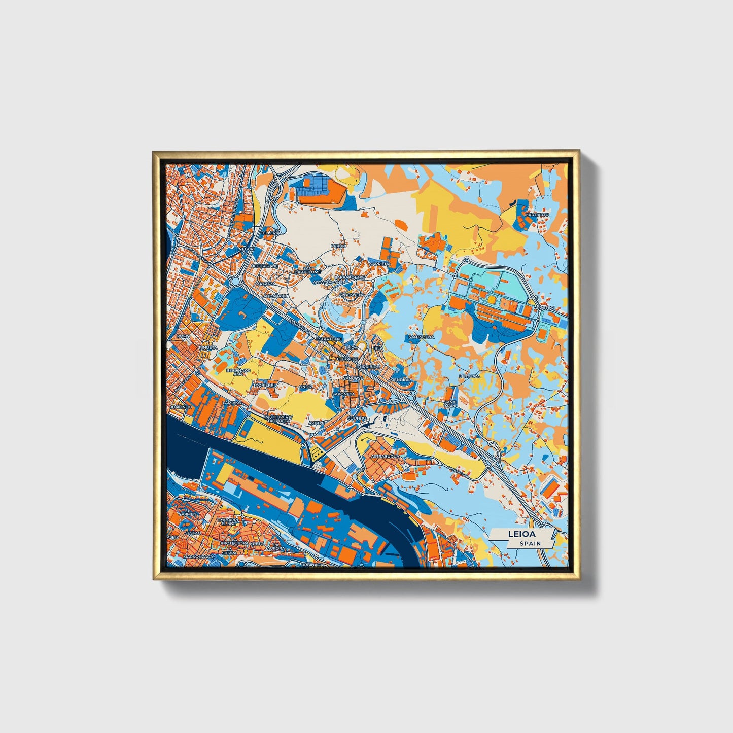 Leioa Spain Colorful City Map Canvas Print • Gold Framed