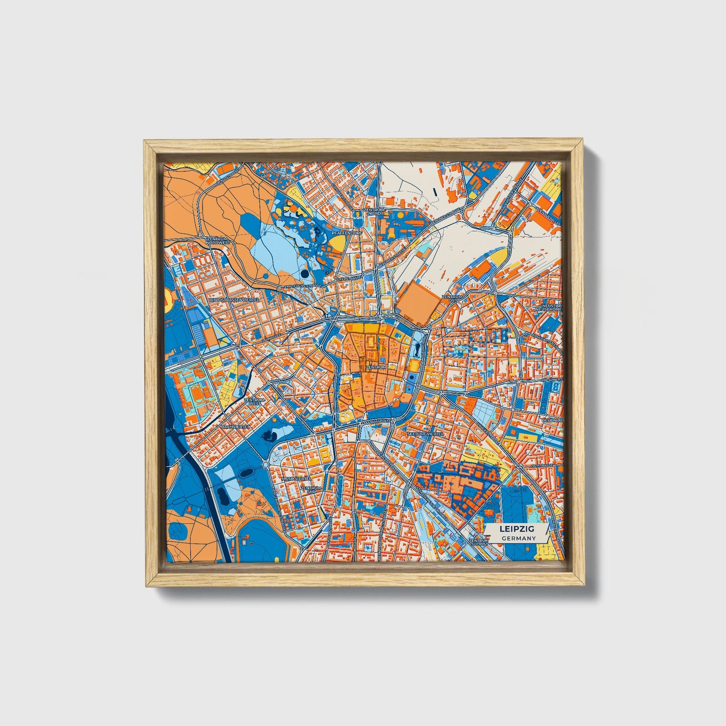 Leipzig Germany Colorful City Map Canvas Print • Natural Wooden Framed