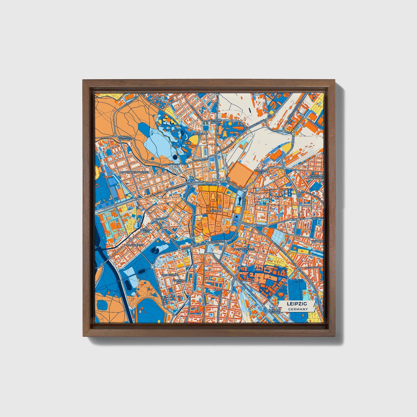 Leipzig Germany Colorful City Map Canvas Print • Dark Wooden Framed