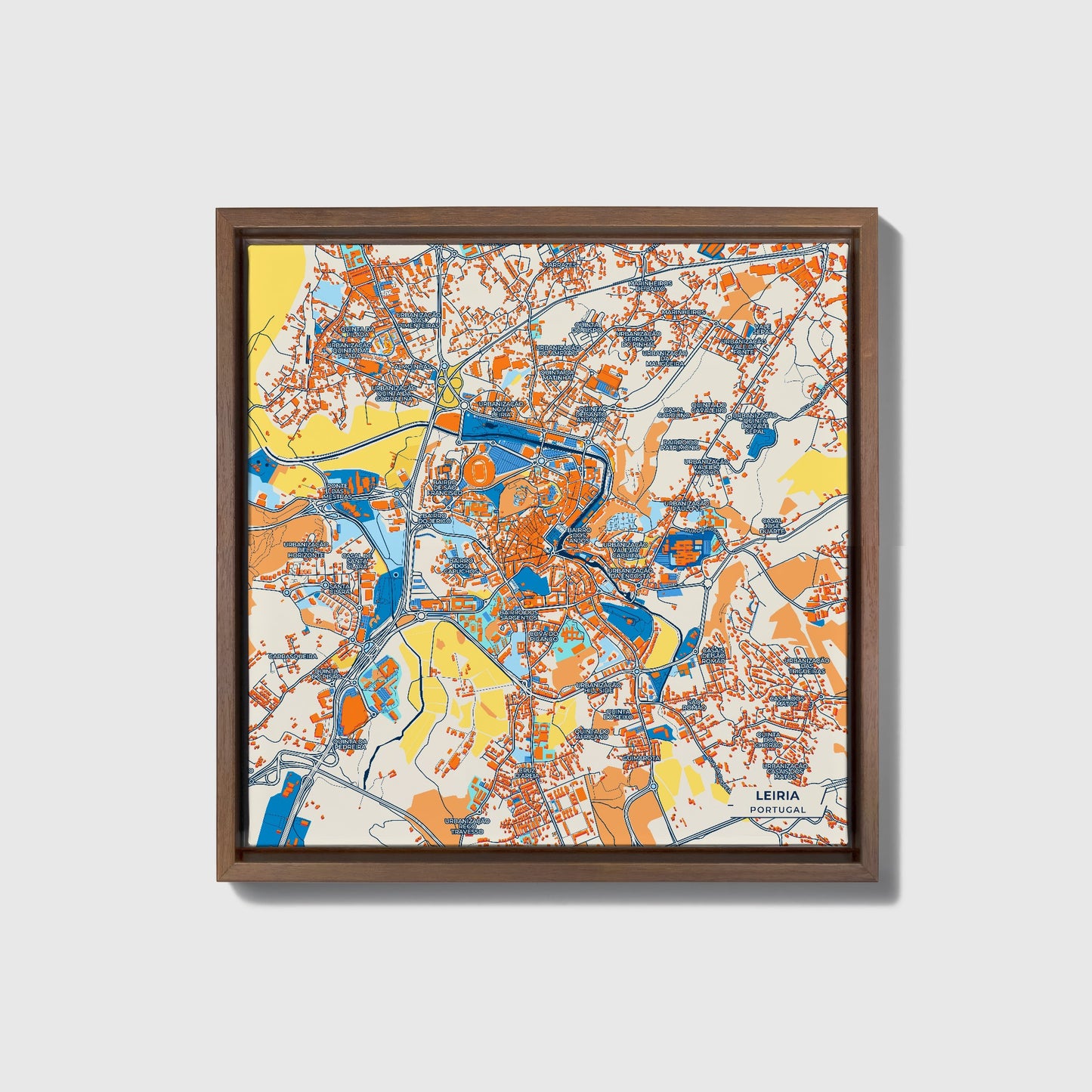 Leiria Portugal Colorful City Map Canvas Print • Dark Wooden Framed
