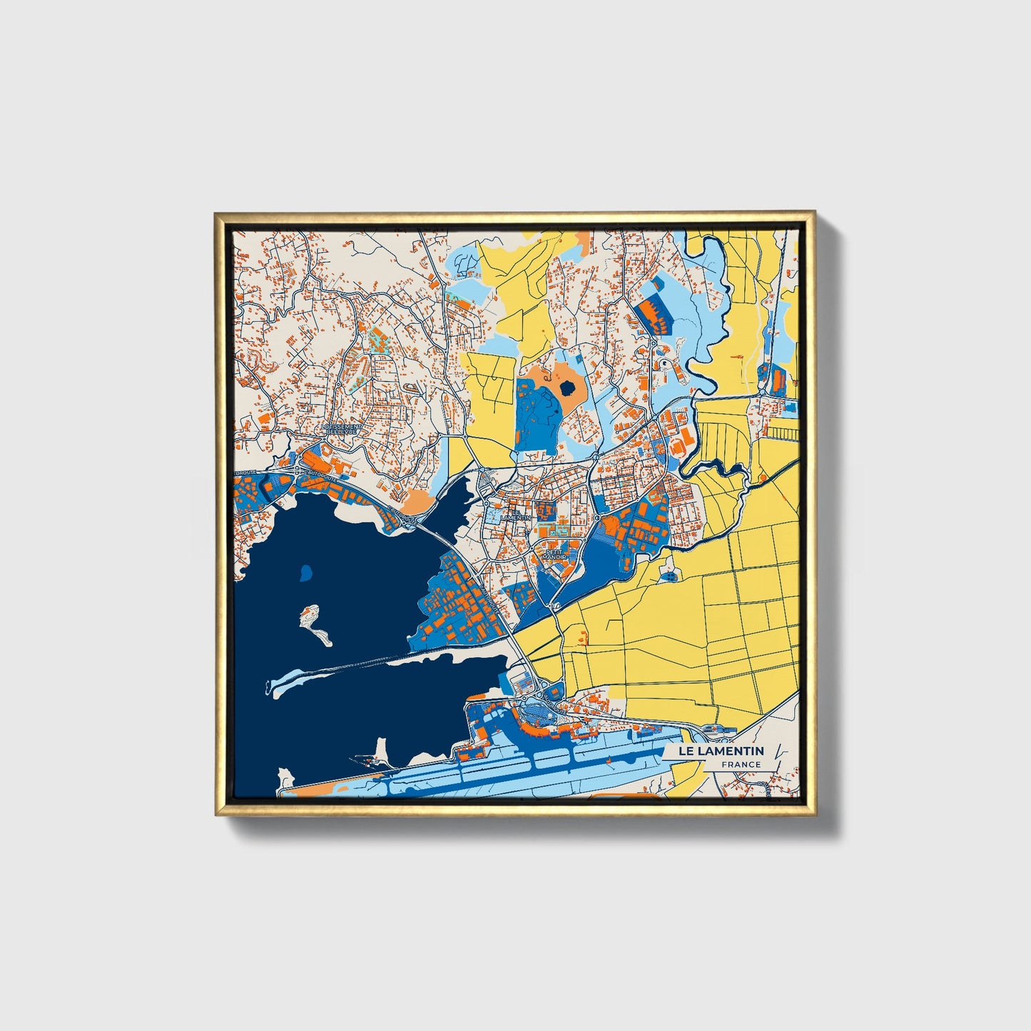 Le Lamentin France Colorful City Map Canvas Print • Gold Framed