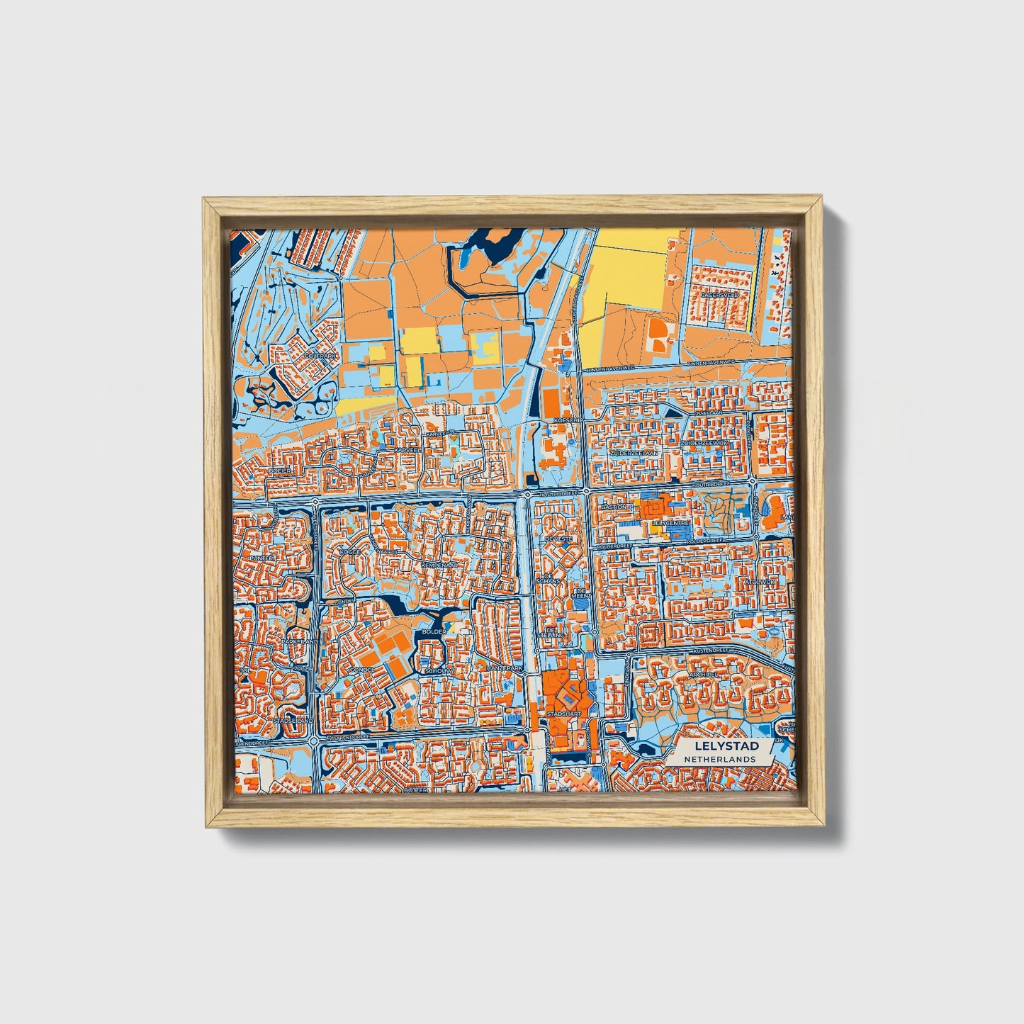 Lelystad Netherlands Colorful City Map Canvas Print • Natural Wooden Framed