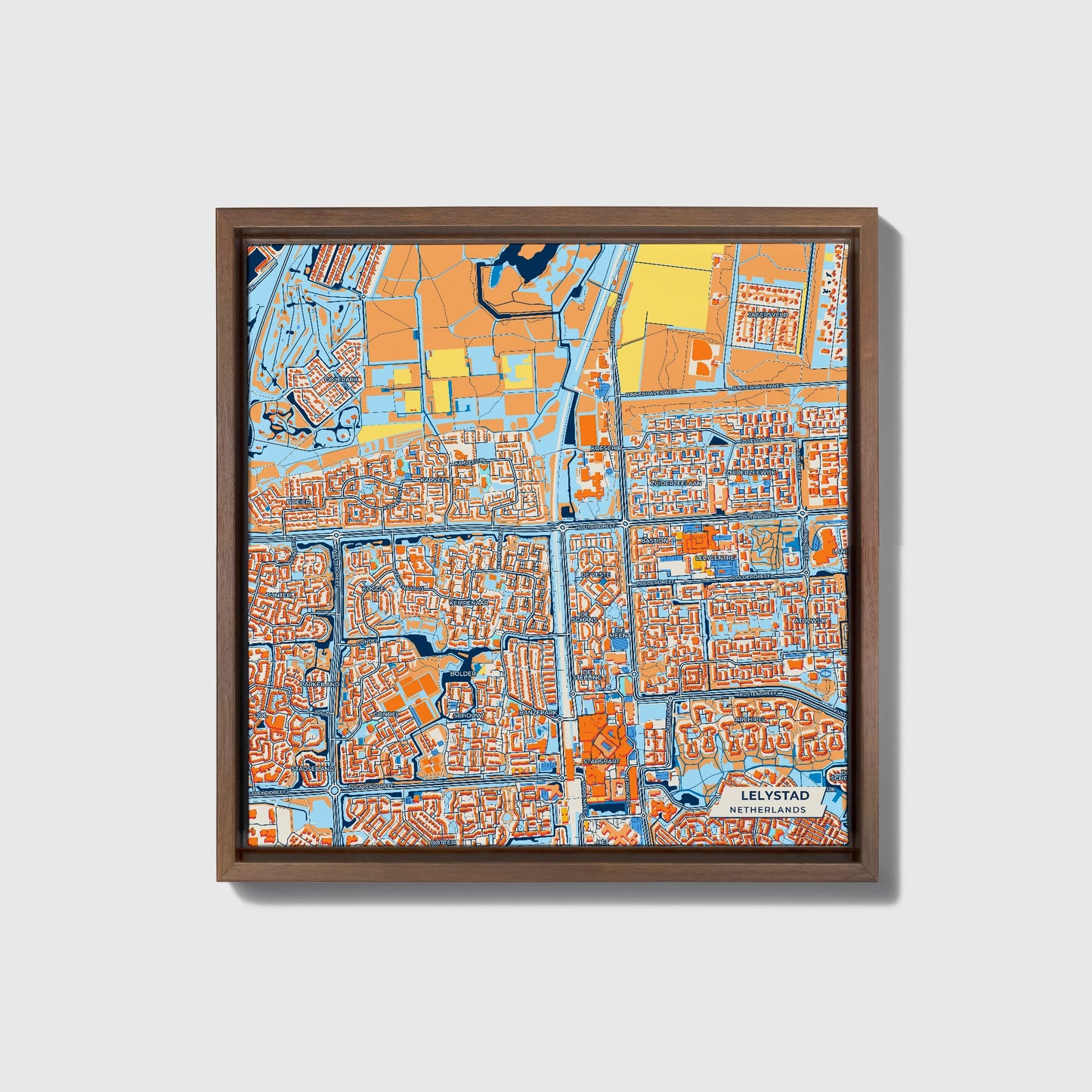 Lelystad Netherlands Colorful City Map Canvas Print • Dark Wooden Framed
