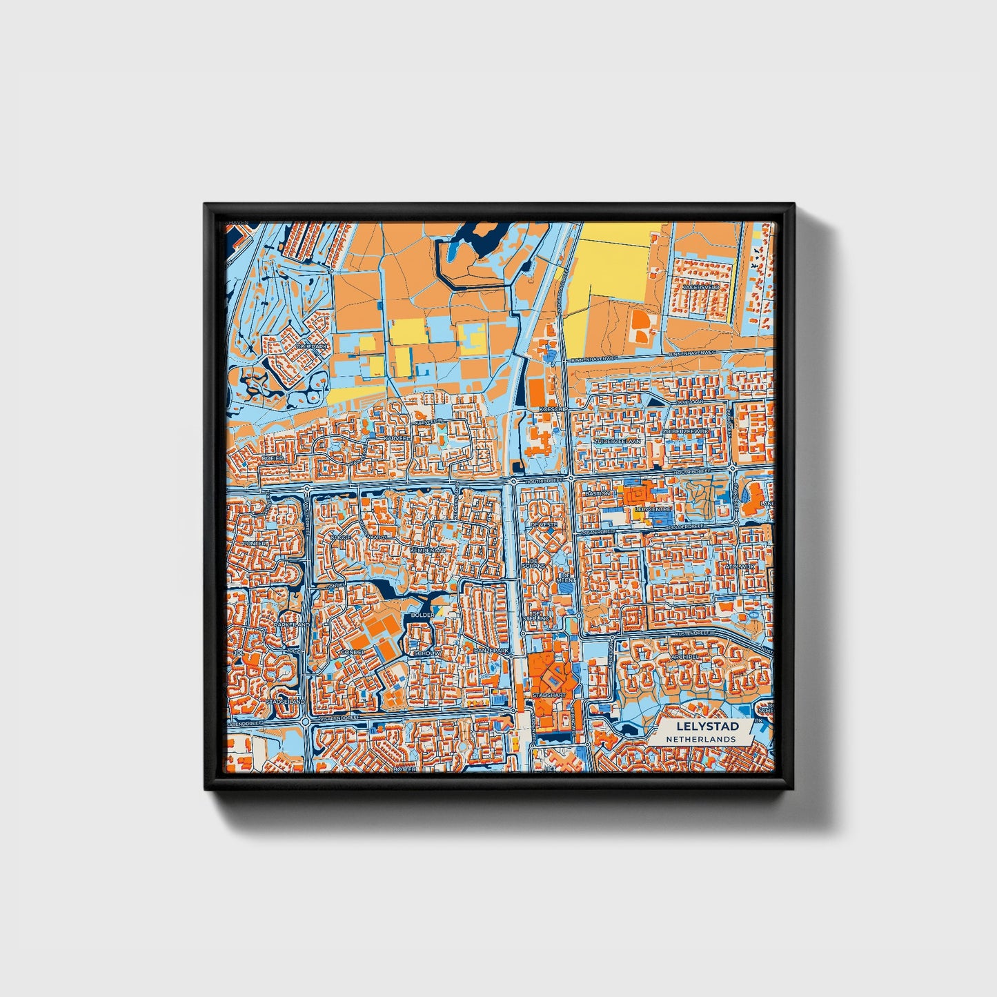 Lelystad Netherlands Colorful City Map Canvas Print • Black Framed