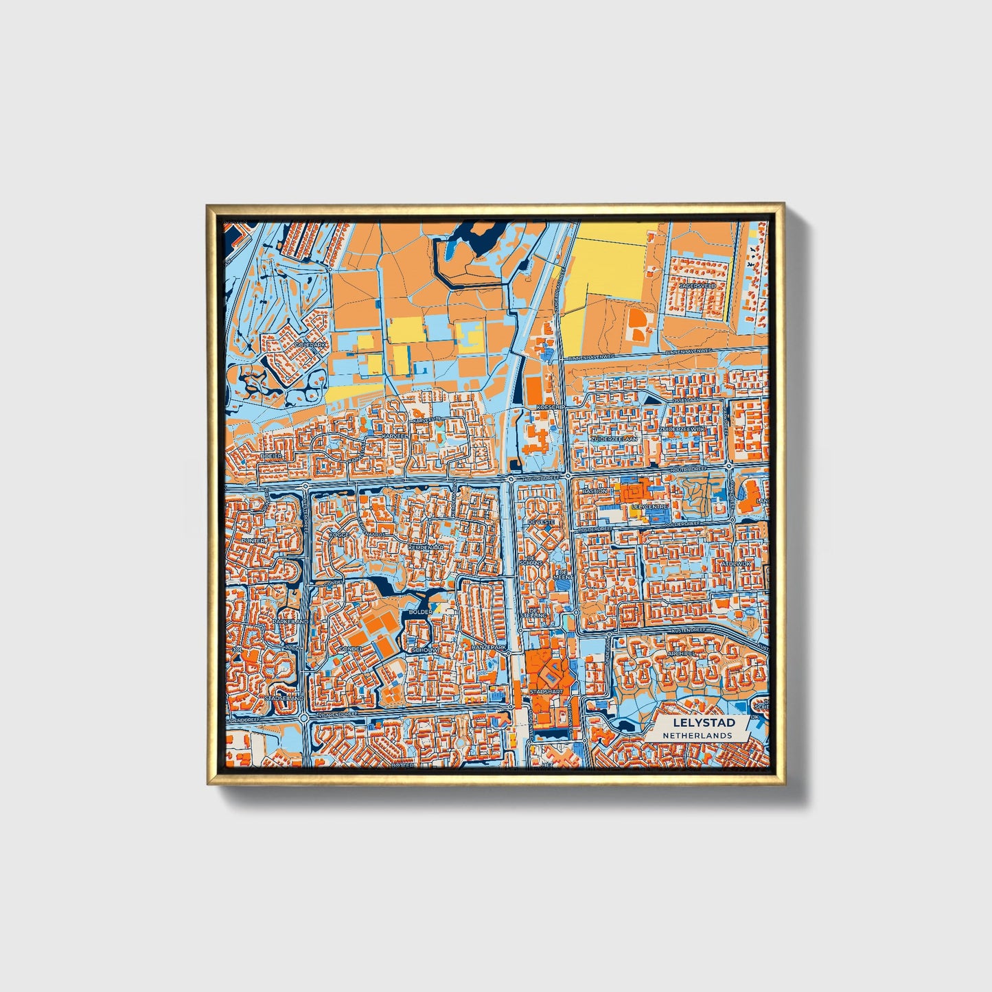 Lelystad Netherlands Colorful City Map Canvas Print • Gold Framed