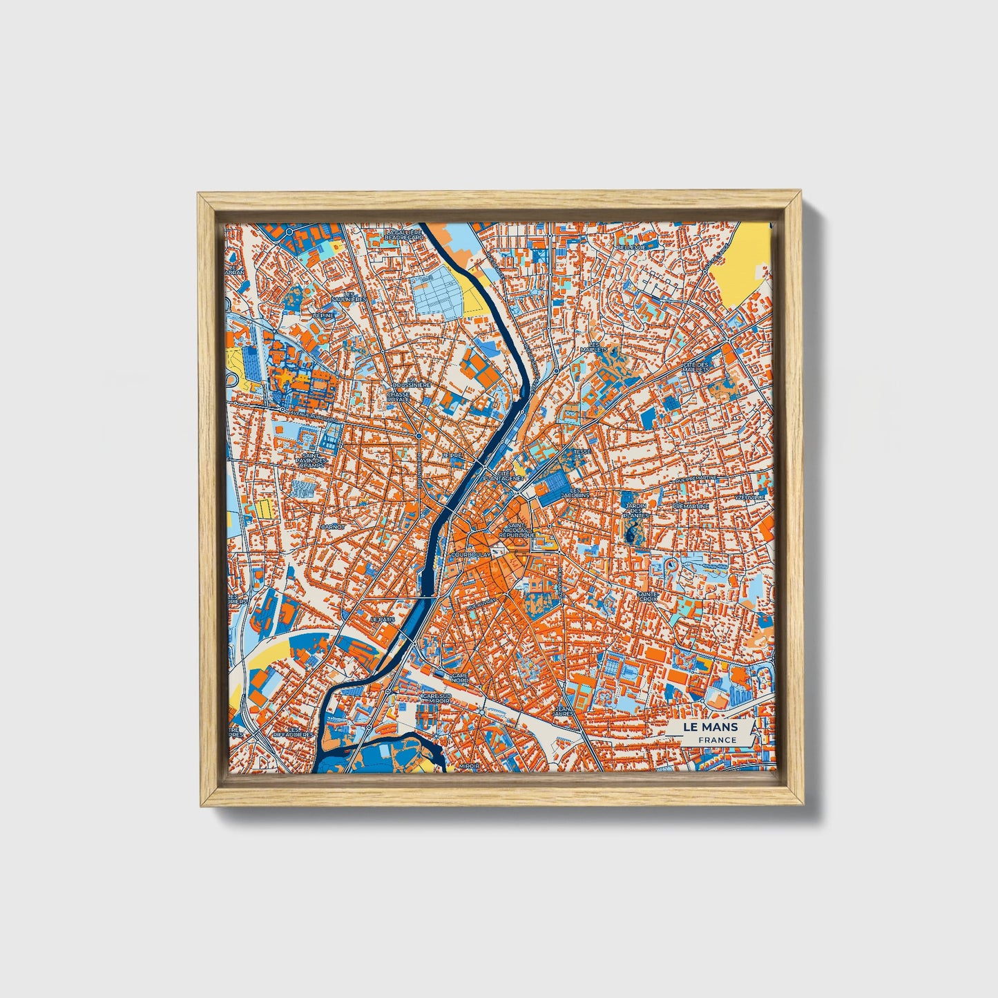 Le Mans France Colorful City Map Canvas Print • Natural Wooden Framed