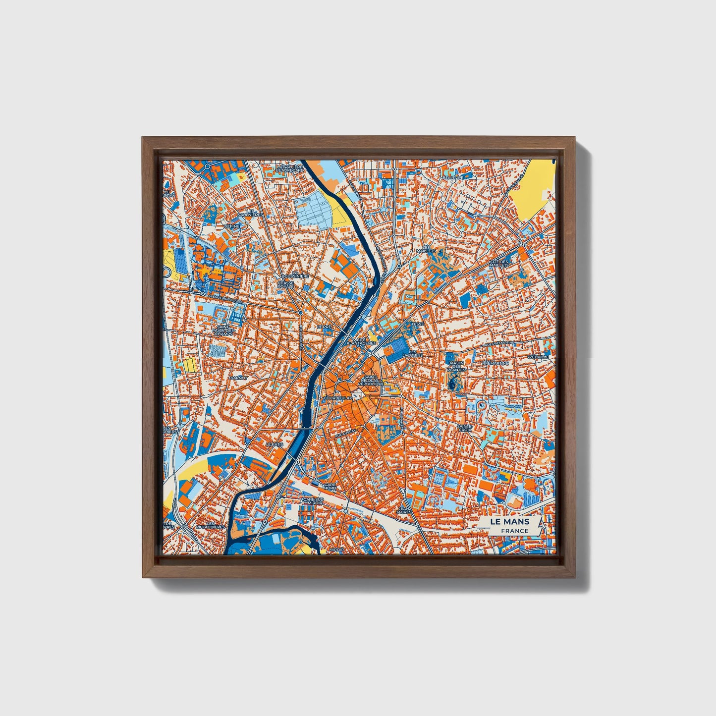Le Mans France Colorful City Map Canvas Print • Dark Wooden Framed