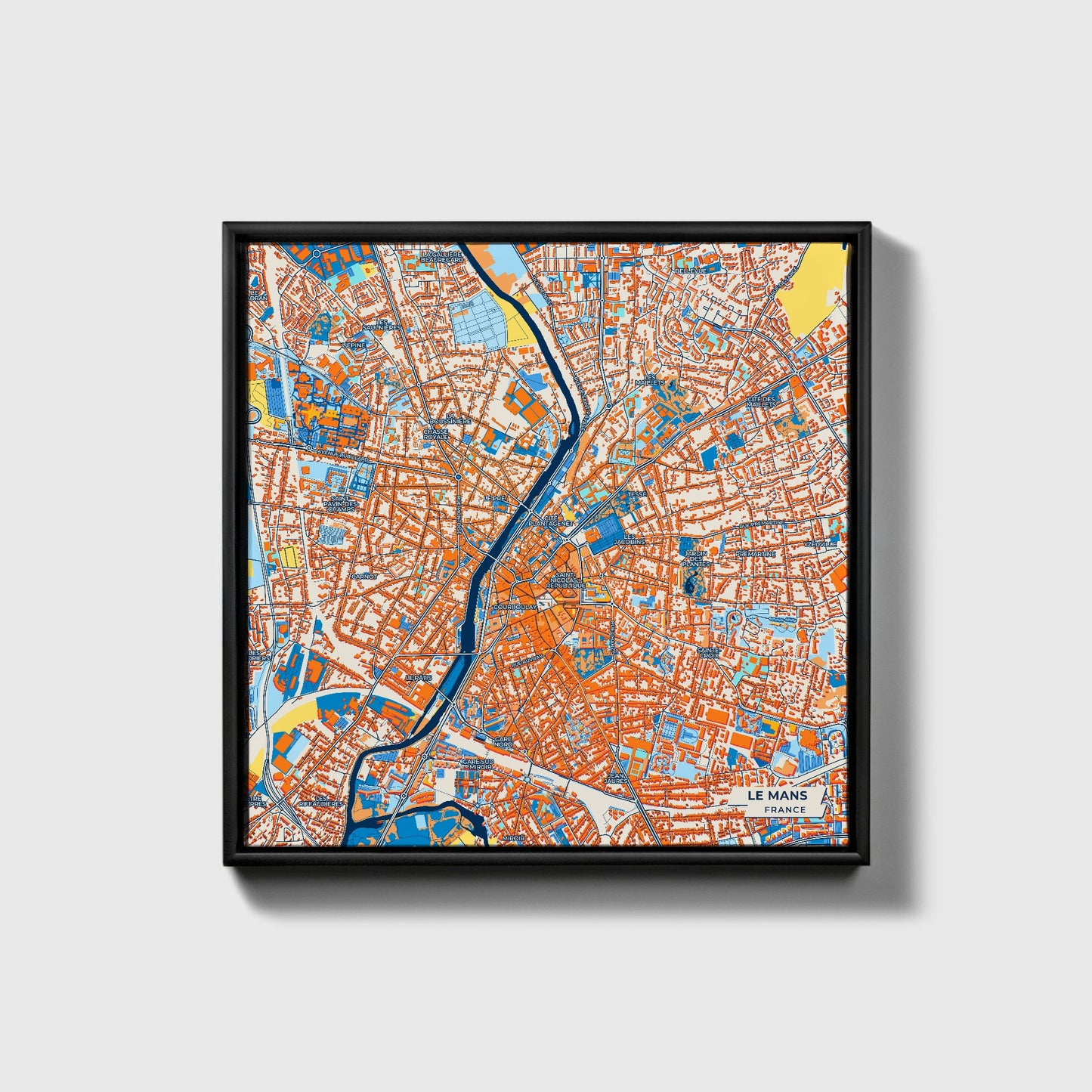 Le Mans France Colorful City Map Canvas Print • Black Framed