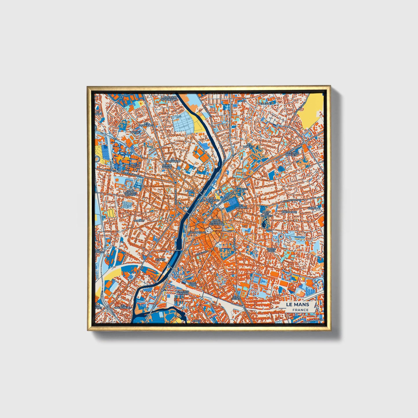 Le Mans France Colorful City Map Canvas Print • Gold Framed