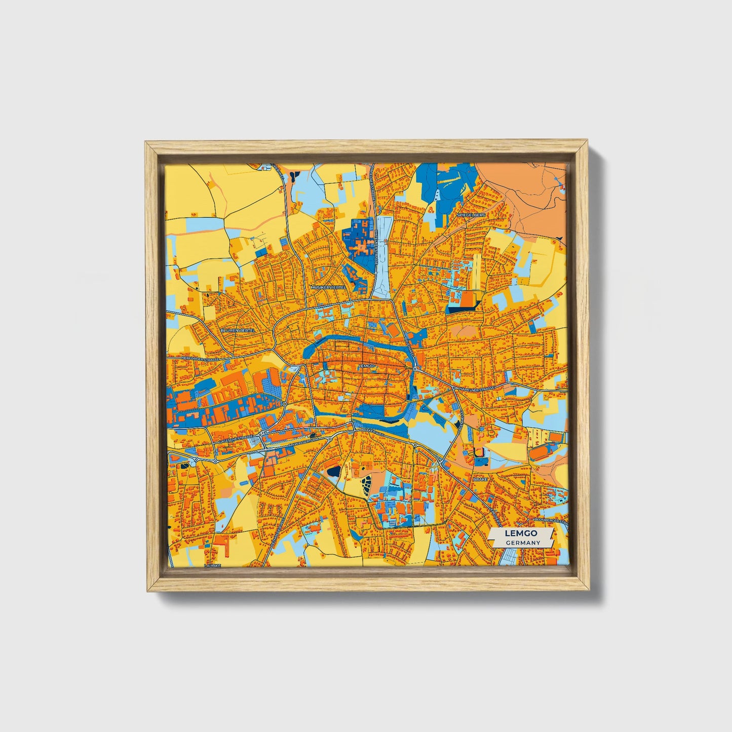 Lemgo Germany Colorful City Map Canvas Print • Natural Wooden Framed