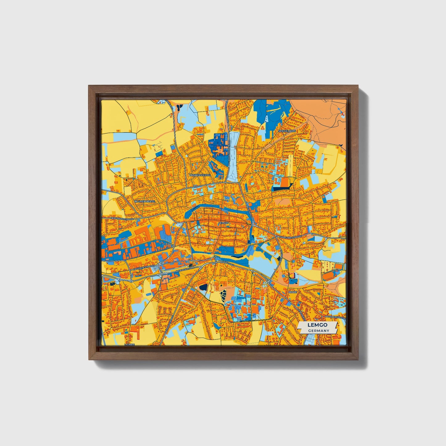 Lemgo Germany Colorful City Map Canvas Print • Dark Wooden Framed