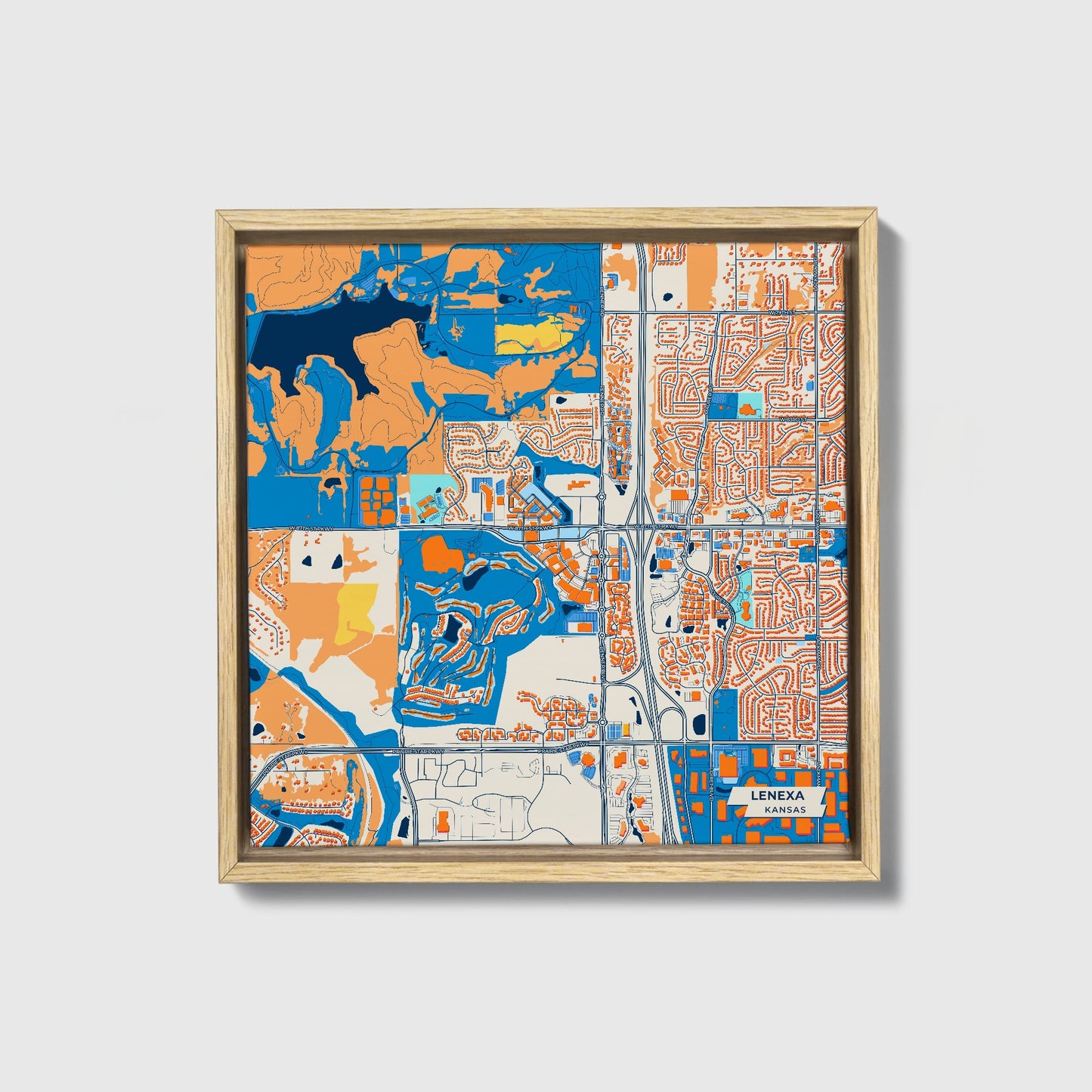 Lenexa Kansas Colorful City Map Canvas Print • Natural Wooden Framed
