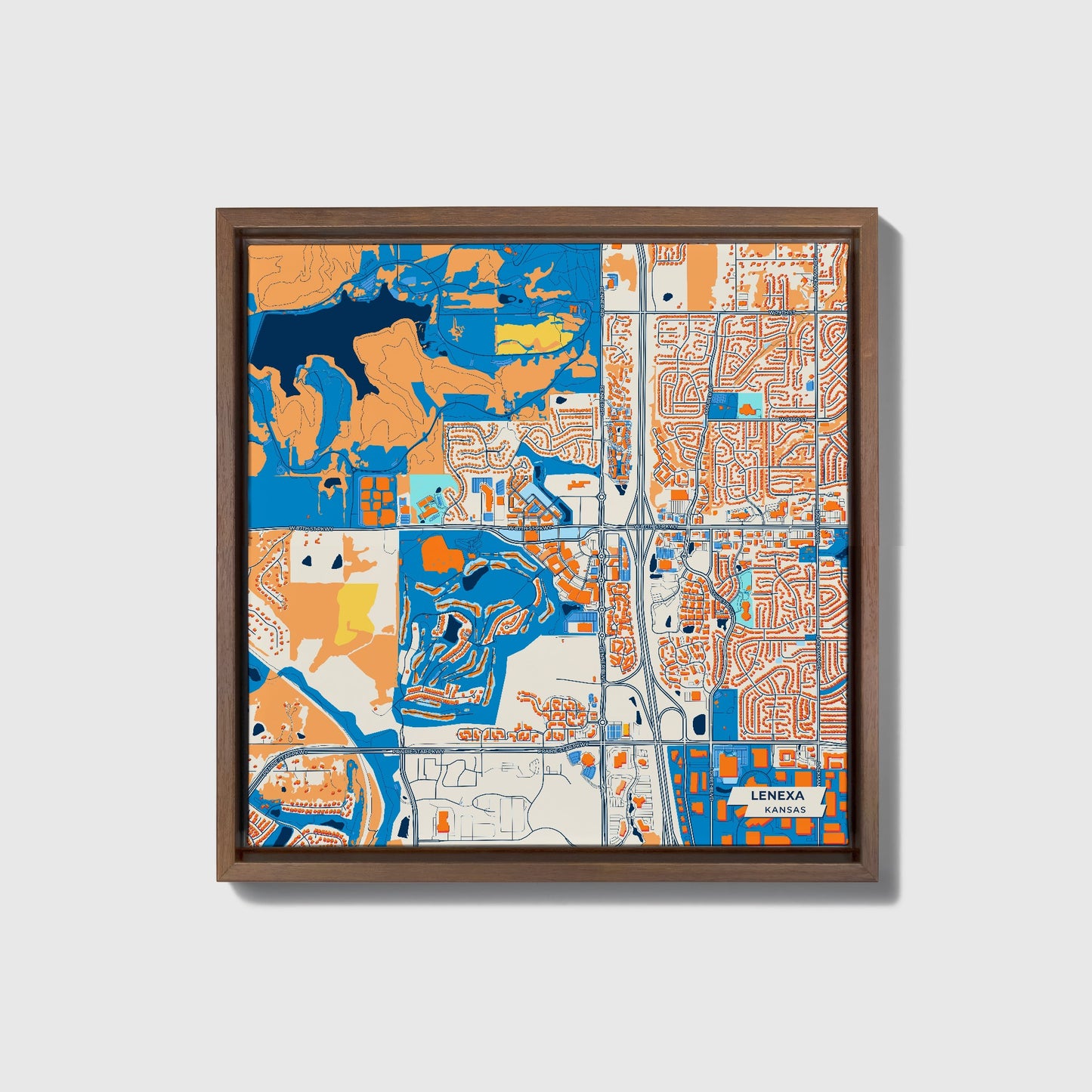 Lenexa Kansas Colorful City Map Canvas Print • Dark Wooden Framed