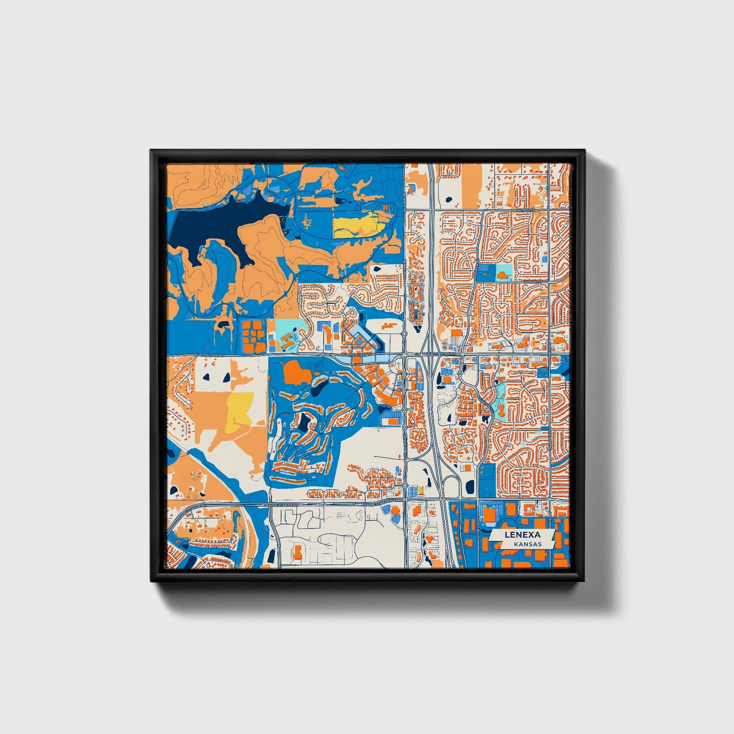 Lenexa Kansas Colorful City Map Canvas Print • Black Framed