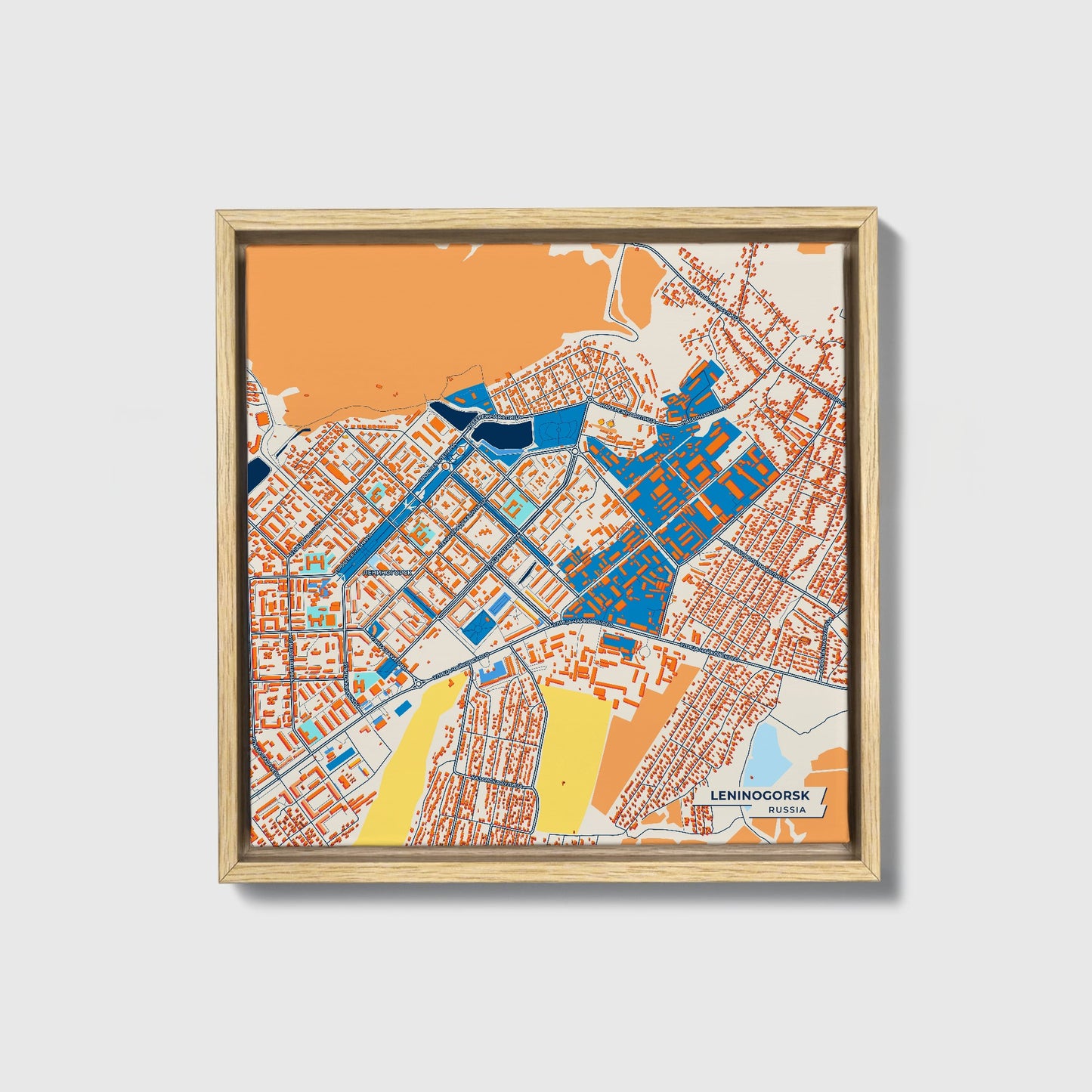 Лениногорский Russia Colorful City Map Canvas Print • Natural Wooden Framed