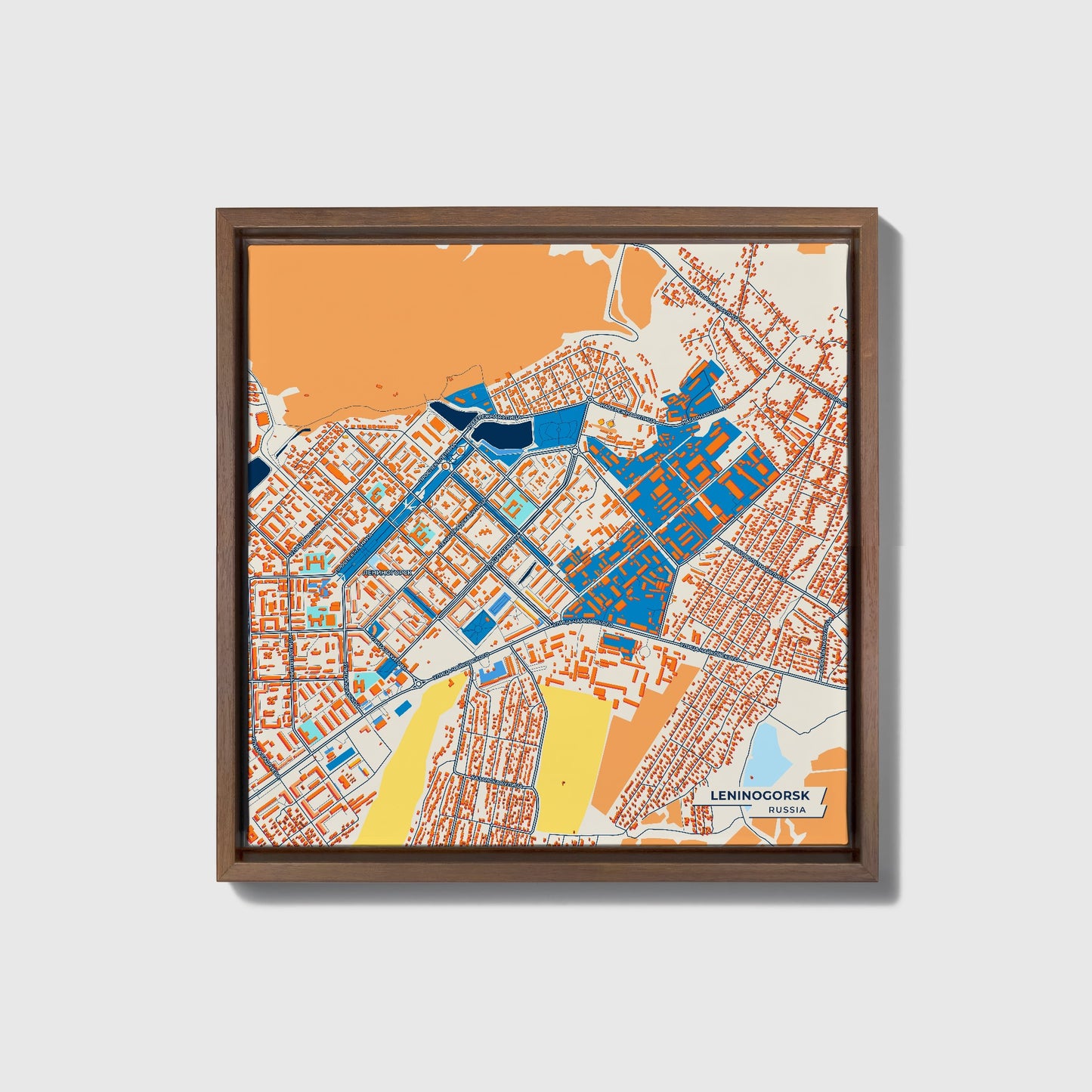Лениногорский Russia Colorful City Map Canvas Print • Dark Wooden Framed